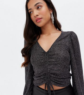 Petite Black Glitter Ruched Long Sleeve 