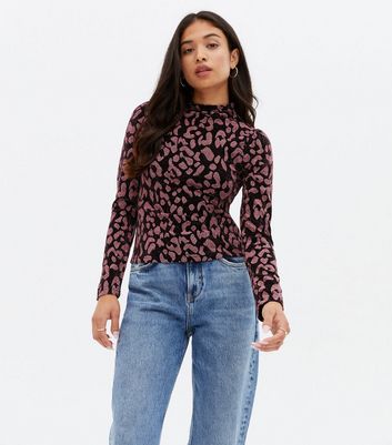 Petite Black Flocked Leopard Print Glitter Top New Look