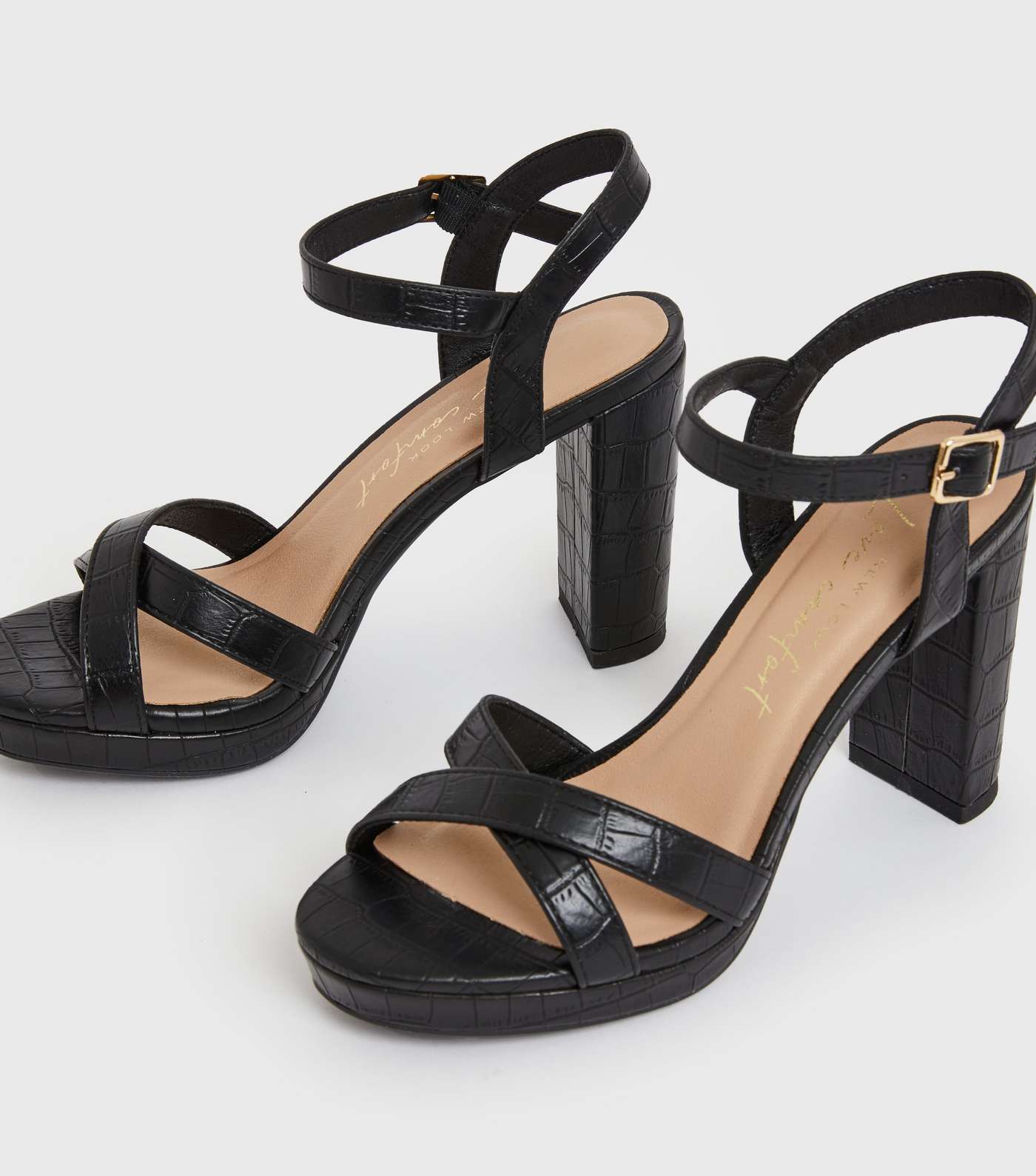 Black Faux Croc Platform Block Heel Sandals Image 3