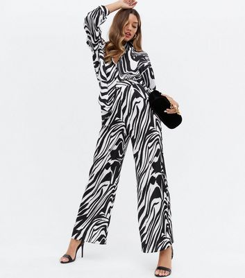 Black Marble Satin Wide Leg Trousers 
