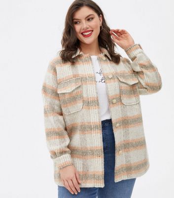 Curves Coral Check Brushed Shacket New Look