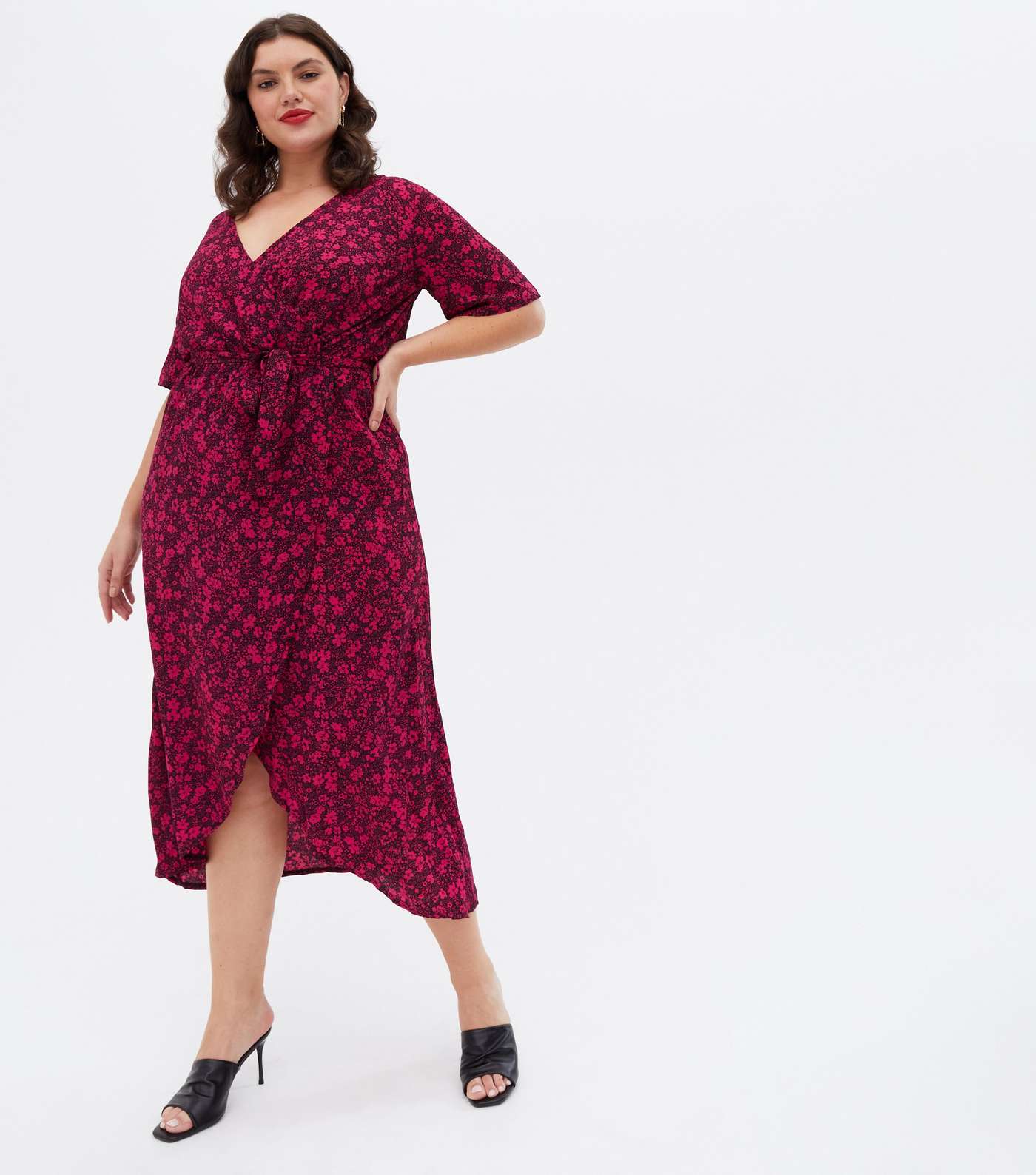 Curves Red Floral Belted Midi Wrap Dress