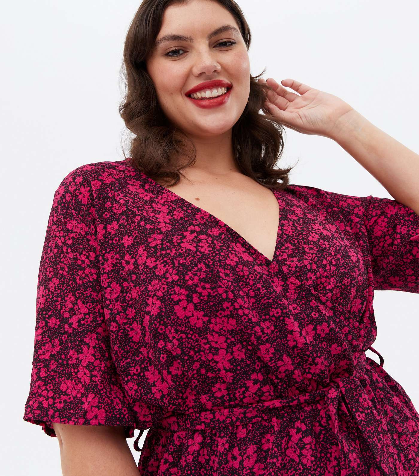 Curves Red Floral Belted Midi Wrap Dress Image 3