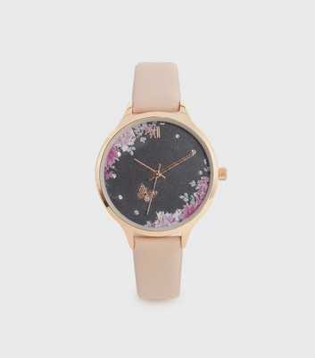 Pink Floral Leather-Look Strap Watch