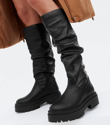 new look black chunky knee high boots