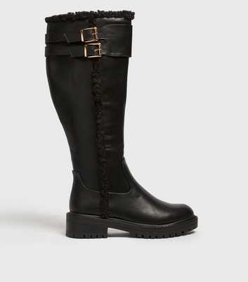 Black Faux Shearling Chunky Knee High Boots