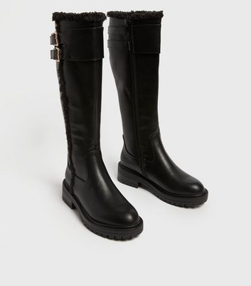 shop for Black Faux Shearling Chunky Knee High Boots New Look Vegan at Shopo