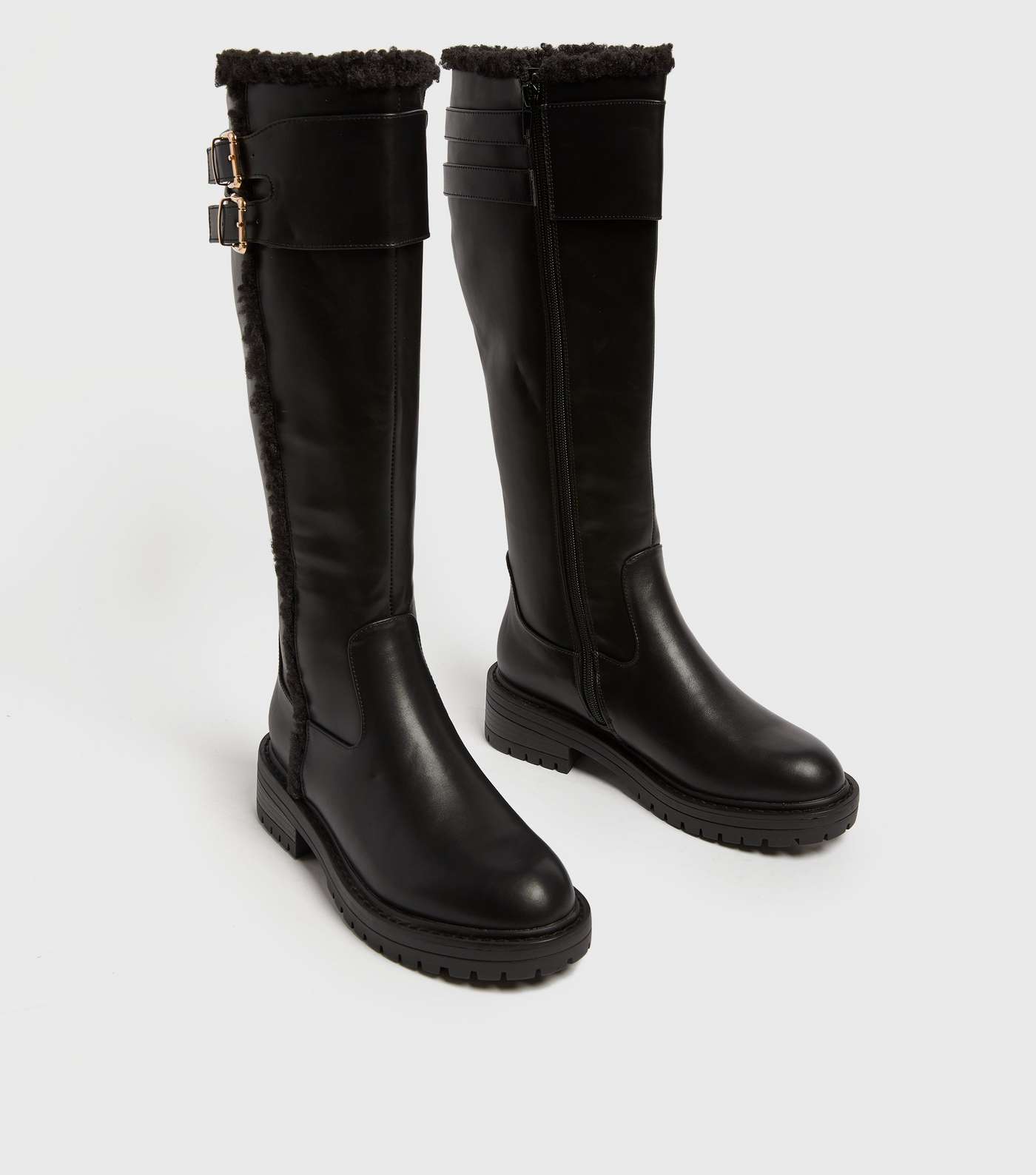 Black Faux Shearling Chunky Knee High Boots Image 3