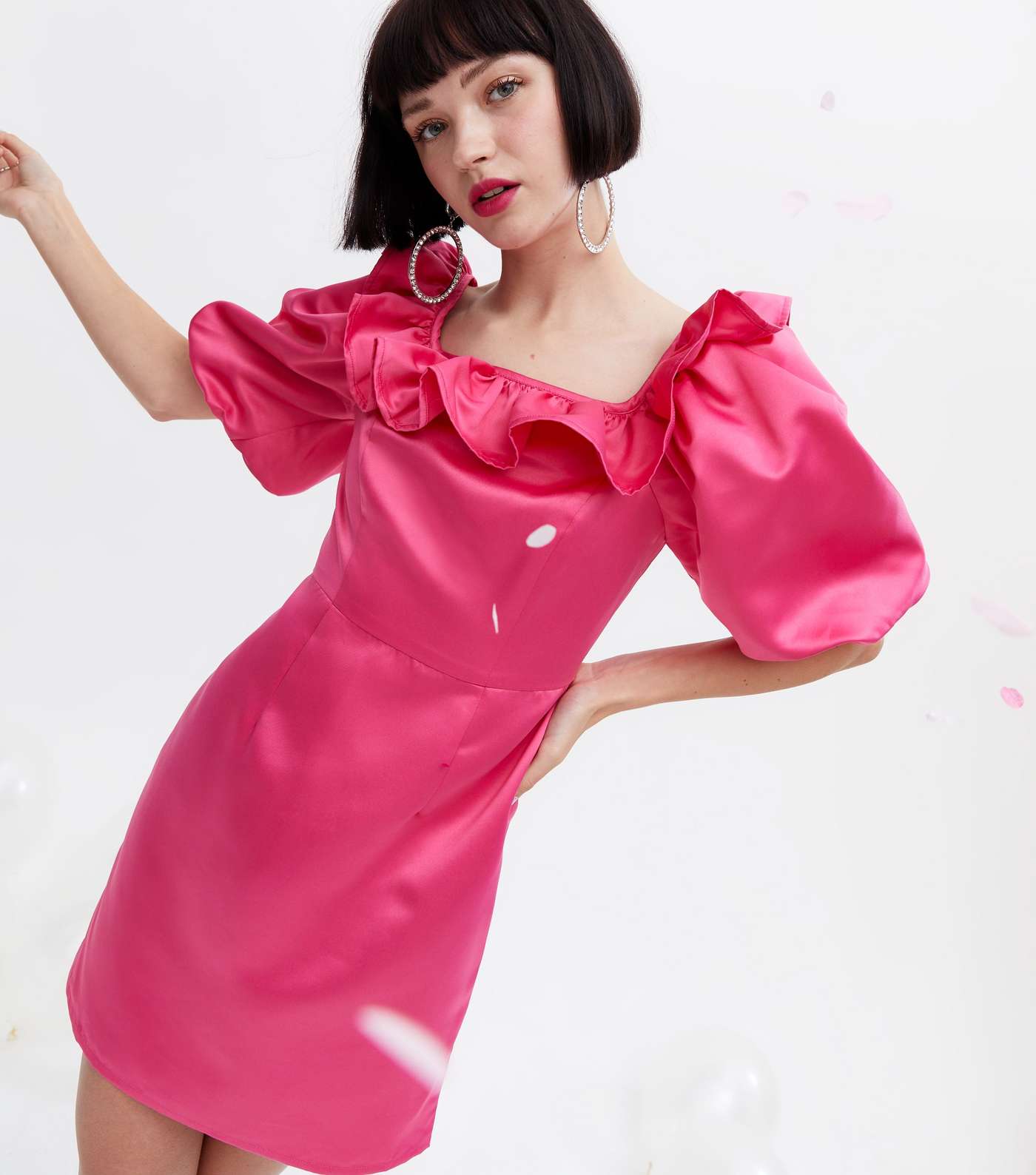 Bright Pink Satin Frill Puff Sleeve Mini Dress