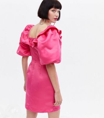 Bright Pink Satin Frill Puff Sleeve Mini Dress New Look