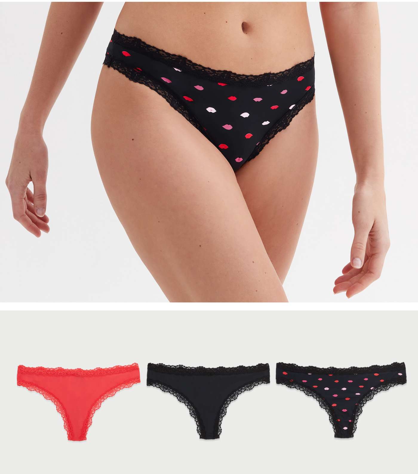 3 Pack Red and Black Lace Trim Lips Print Thongs