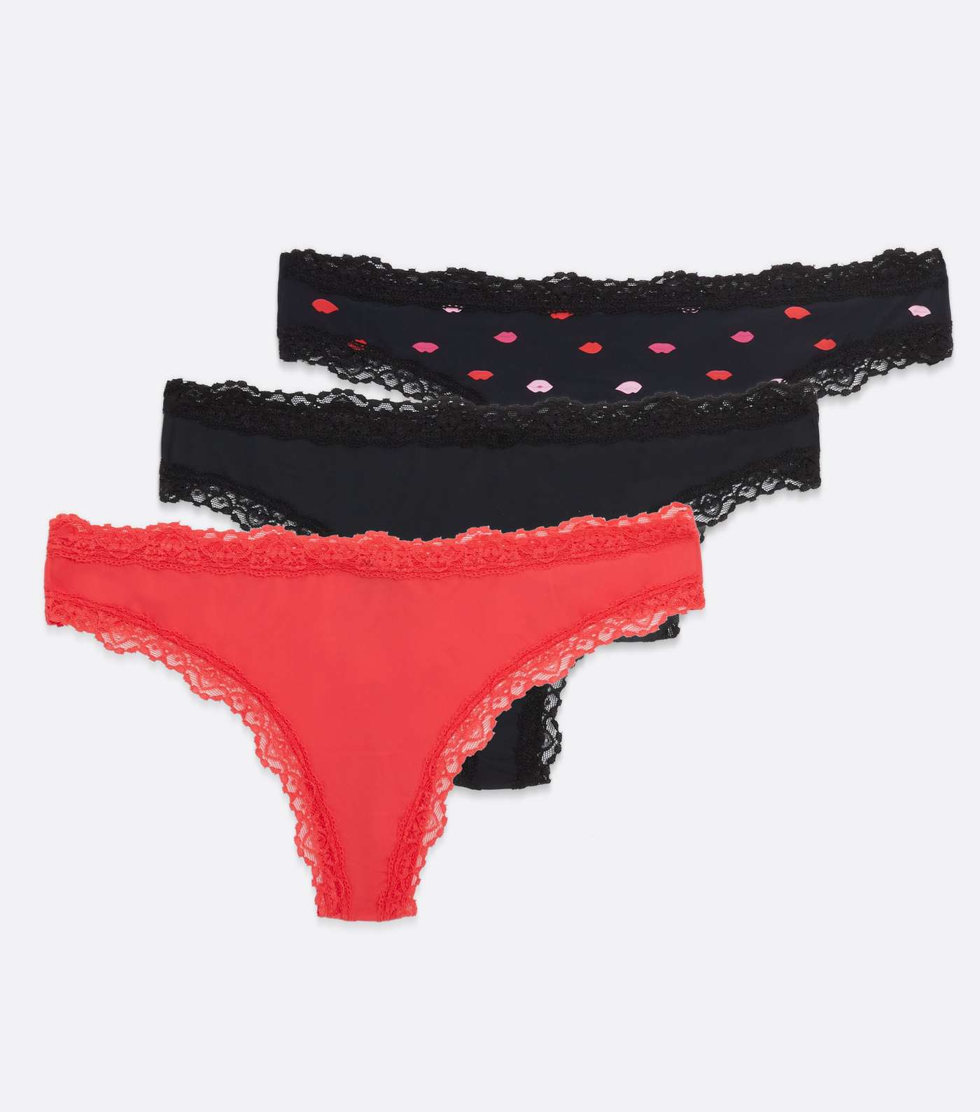 3 Pack Red and Black Lace Trim Lips Print Thongs Image 5