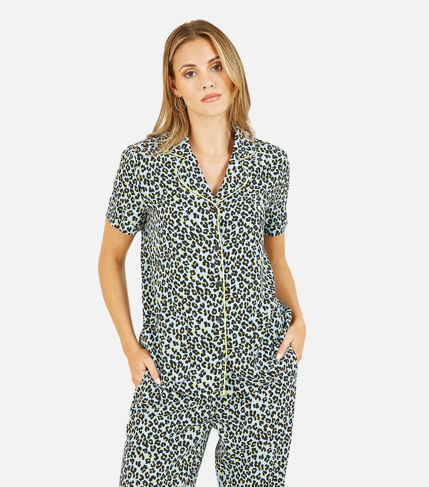 Yumi Pale Blue Leopard Print Trouser Pyjama Set Image 2
