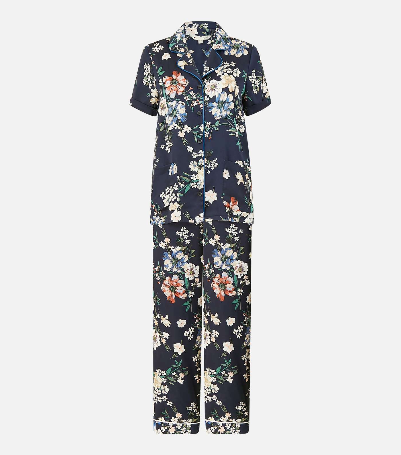 Yumi Navy Floral Satin Shirt and Trouser Pyjama Set Image 4