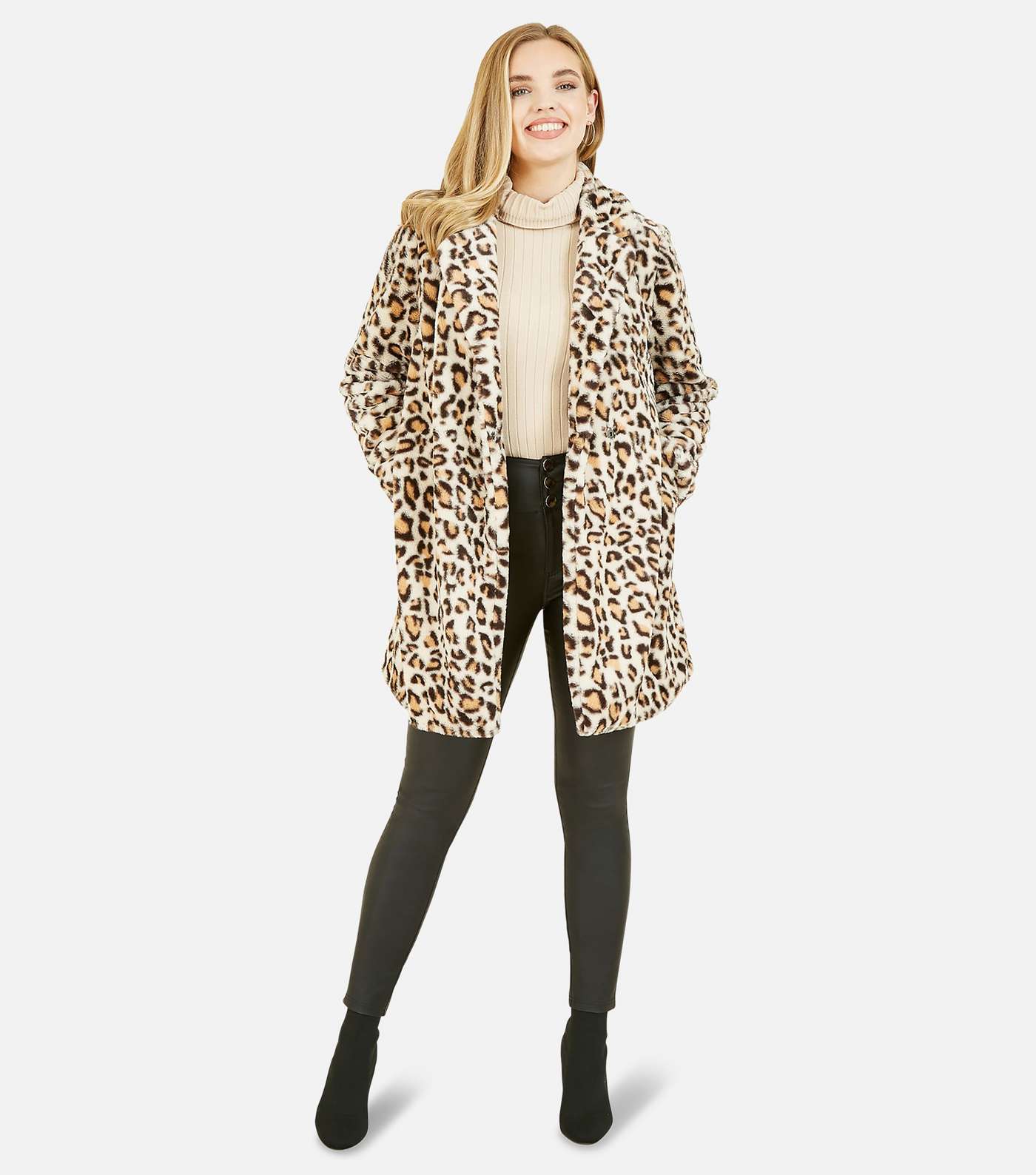 Yumi Off White Leopard Print Faux Fur Coat Image 2