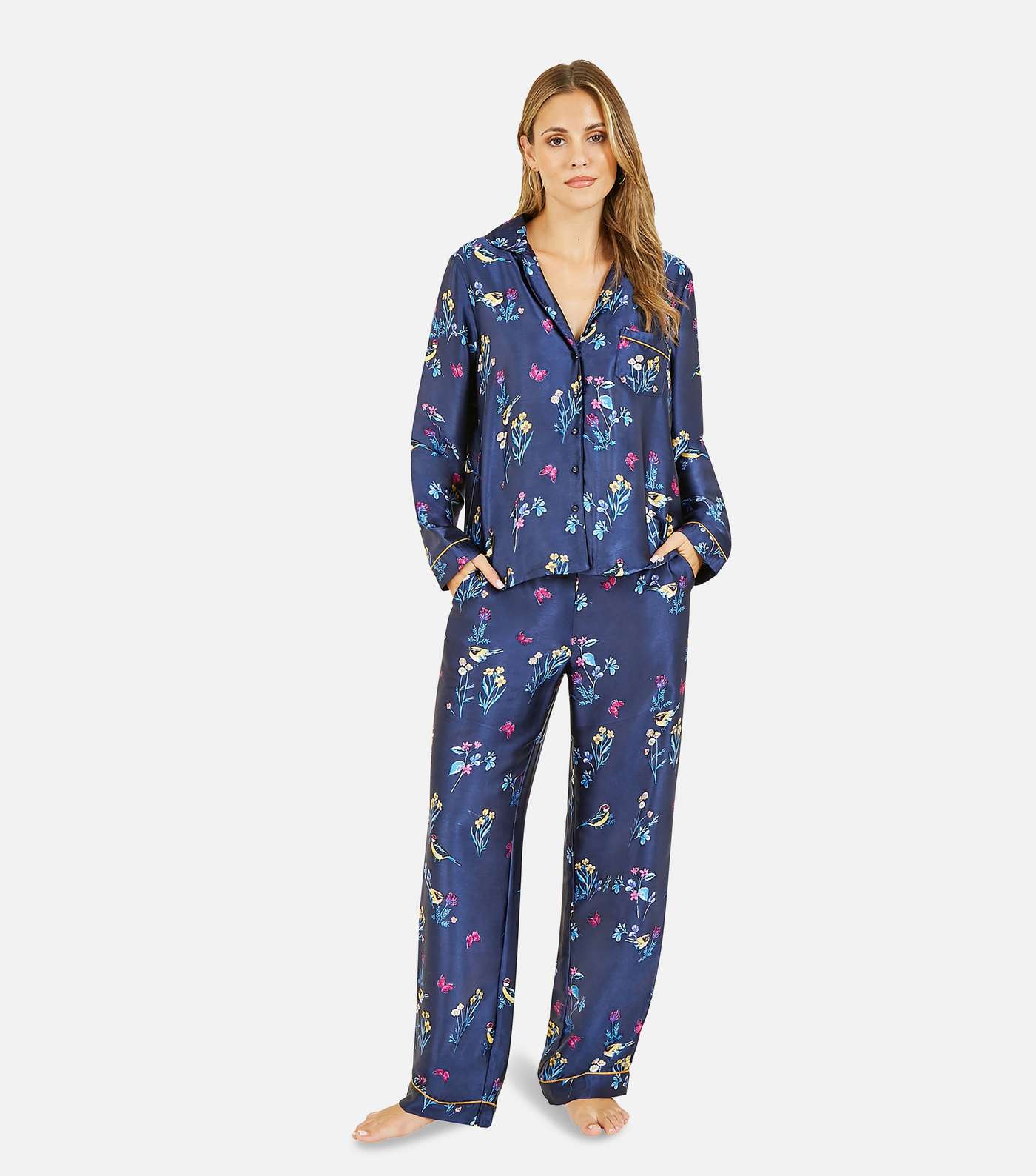 Yumi Navy Floral Bird Print Satin Shirt and Trouser Pyjama Set Image 2