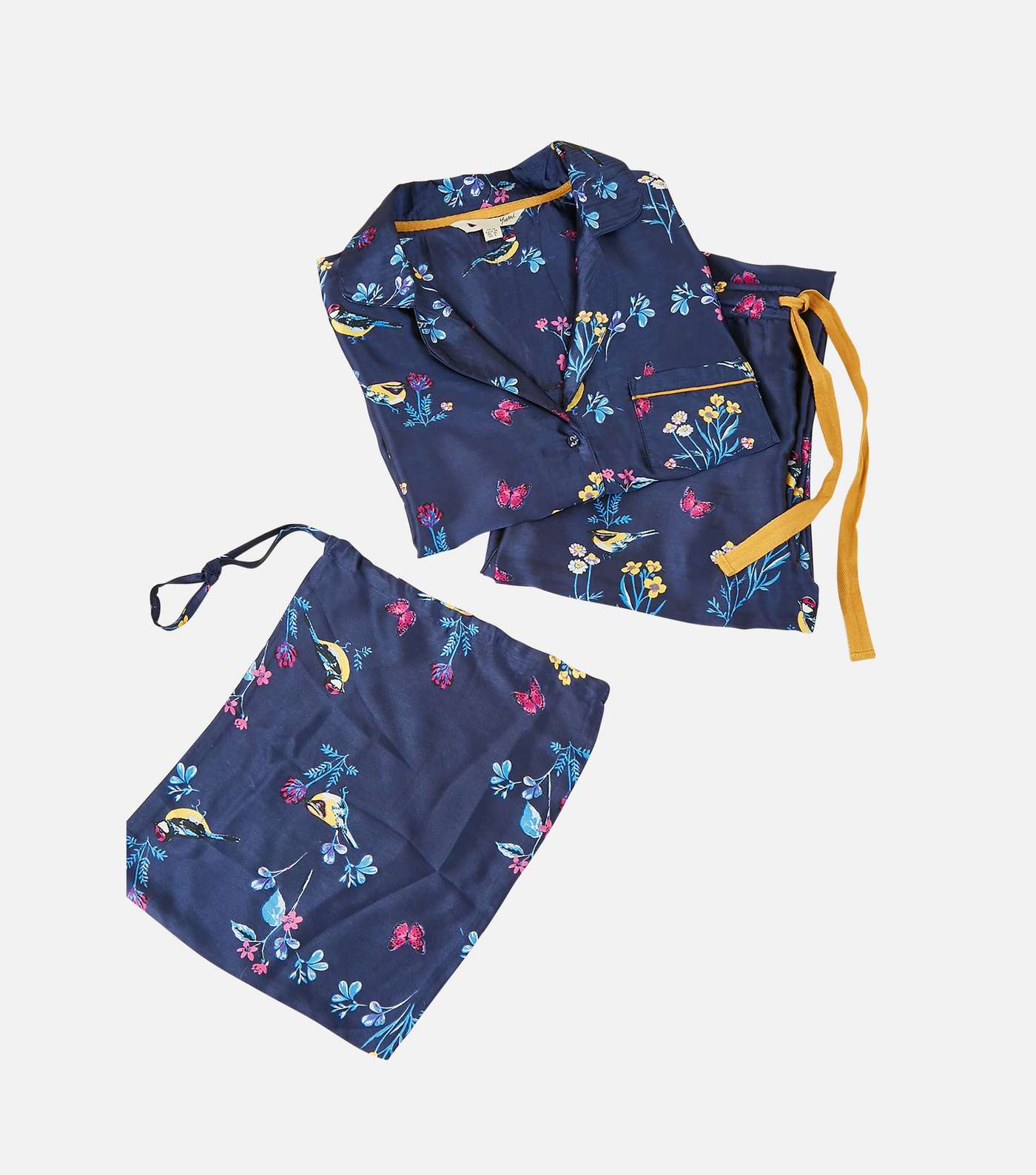 Yumi Navy Floral Bird Print Satin Shirt and Trouser Pyjama Set Image 4