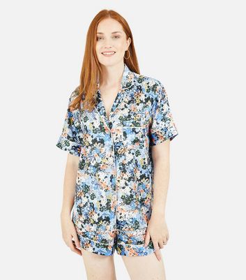 Yumi Blue Floral Satin Shirt and Short Pyjama Set | New Look