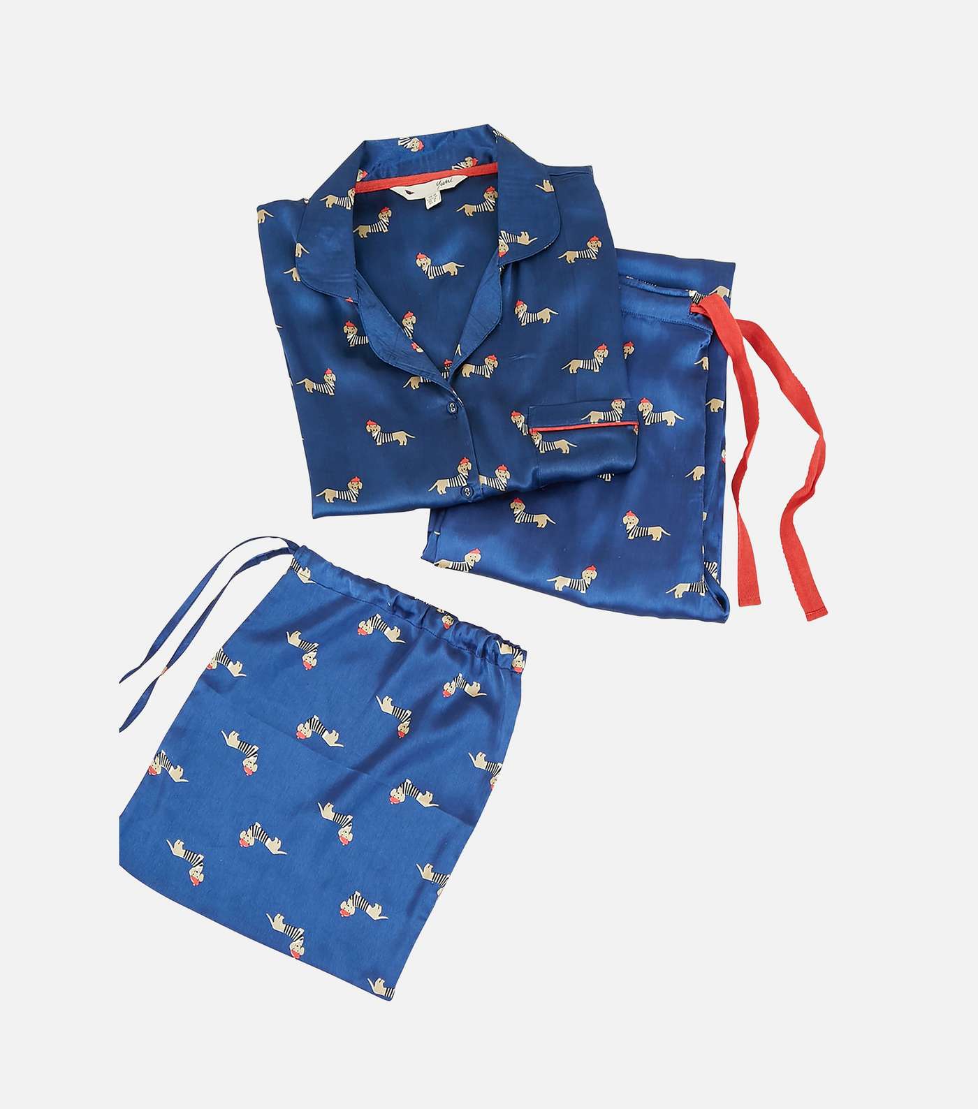 Yumi Navy Satin Sausage Dog Shirt and Trouser Pyjama Set Image 2