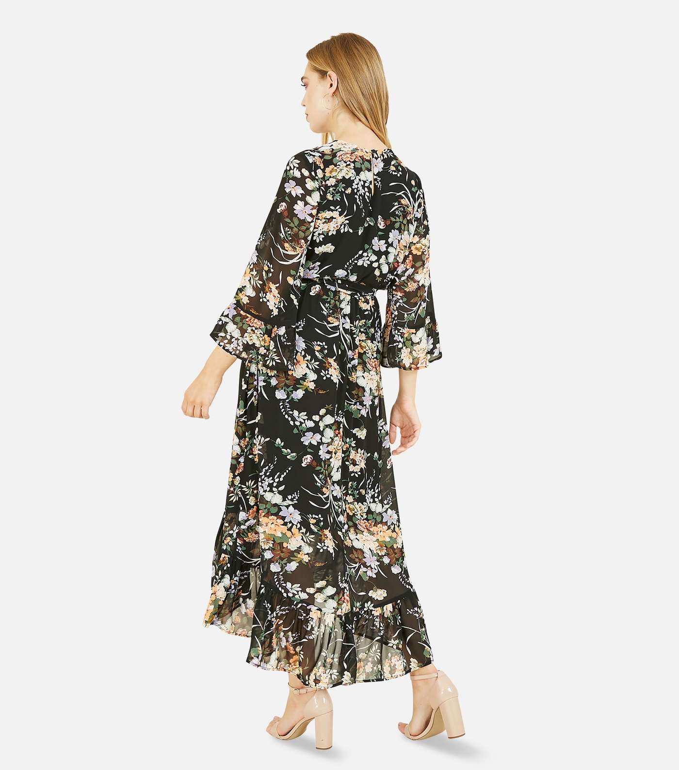 Yumi Black Floral Frill Dip Hem Midi Wrap Dress Image 3