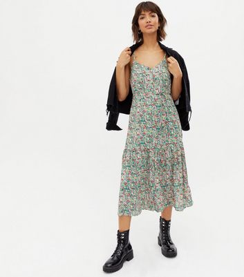 Yumi Green Ditsy Floral Strappy Tiered Midi Dress | New Look