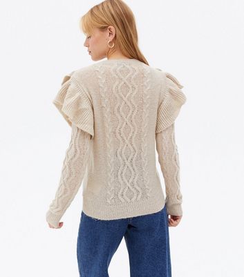 JDY Stone Cable Knit Frill Crew Neck Jumper | New Look