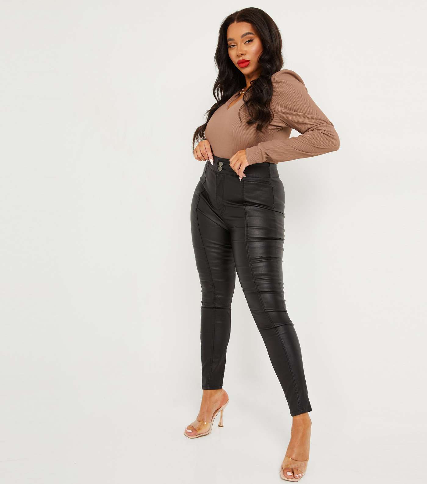 QUIZ Black Leather-Look High Waist Trousers Image 2