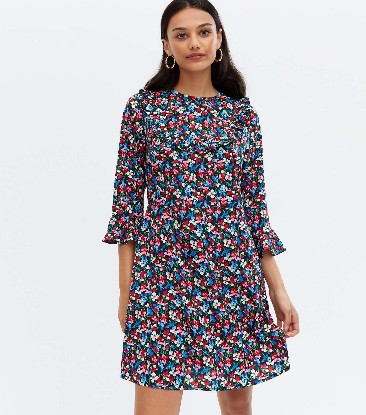 Blue Ditsy Floral Frill 3/4 Sleeve Mini Dress Image 2
