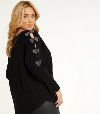 QUIZ Curves Black Diamanté Bow Sleeve 