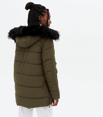 khaki faux fur trim parka