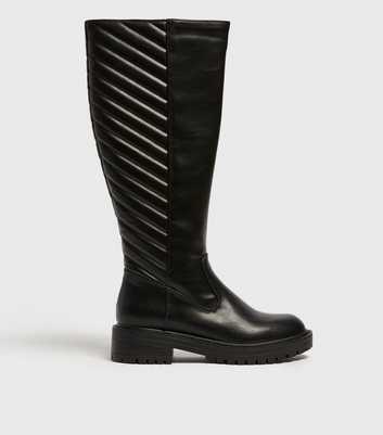 Black Quilted Zip Chunky Knee High Boots