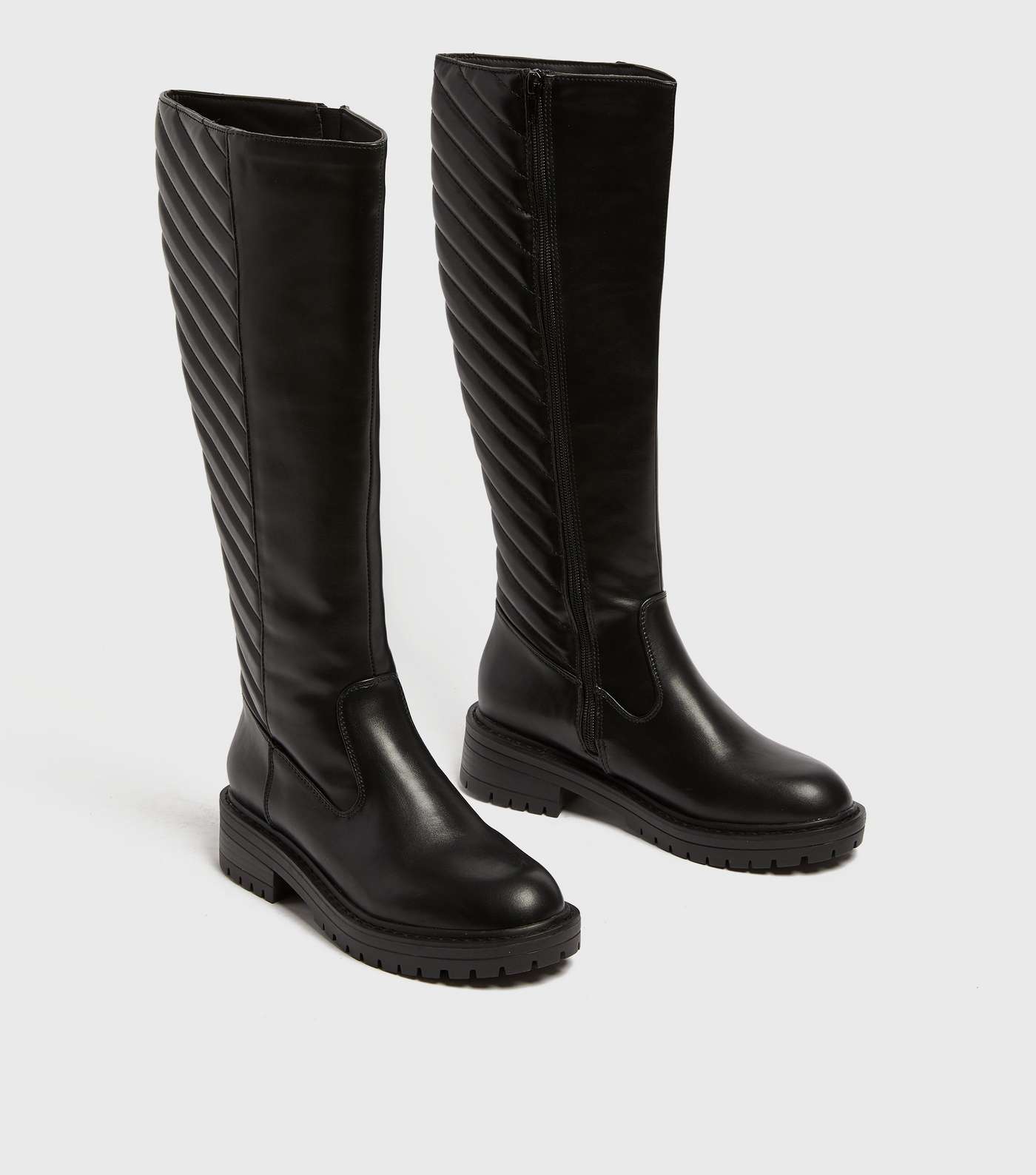 Black Quilted Zip Chunky Knee High Boots Image 3