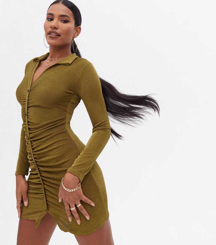 Pink Vanilla Dark Green Slinky Ruched Mini Shirt Dress
