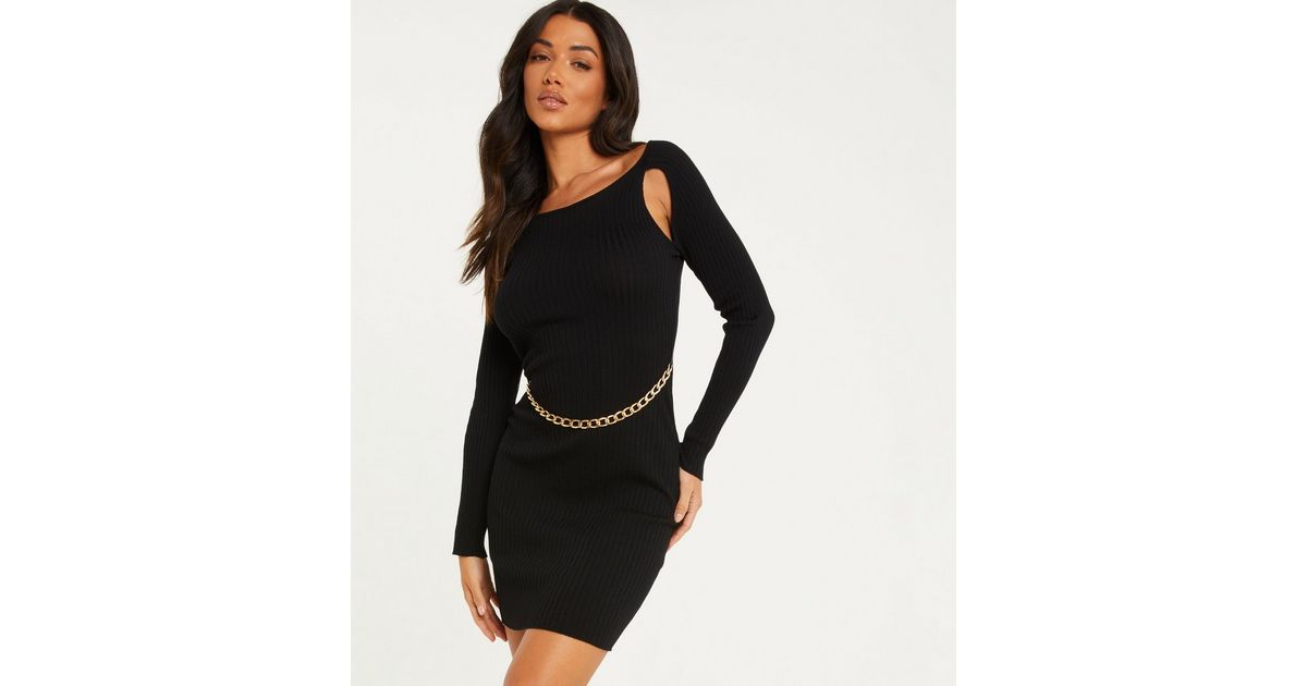 QUIZ Black Ribbed Knit Cut Out Chain Bodycon Dress | New Look