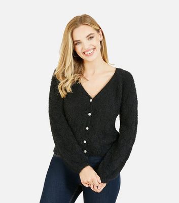 Mela Black Knit Diamond Stitch Diamanté Button Cardigan | New Look