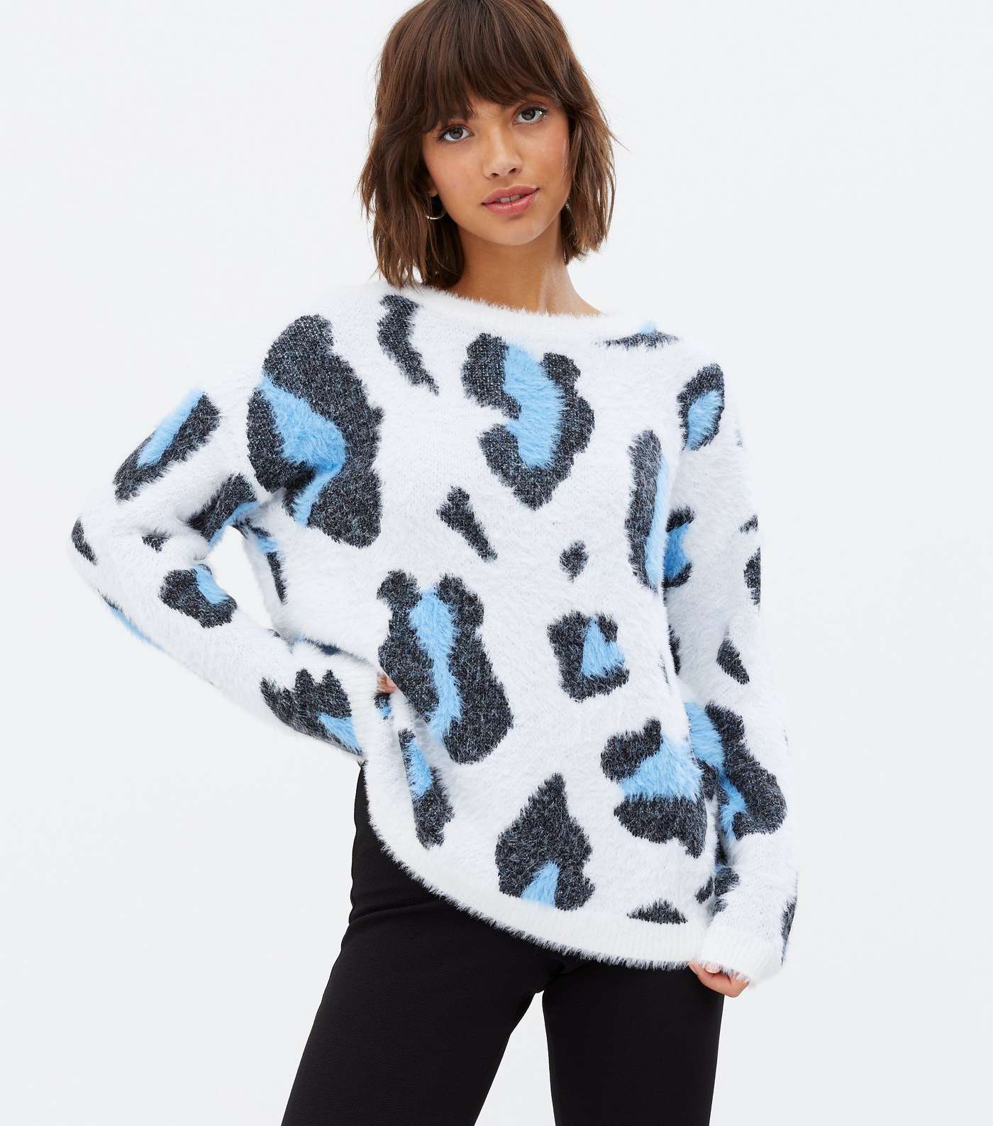 Mela White Leopard Print Fluffy Knit Jumper