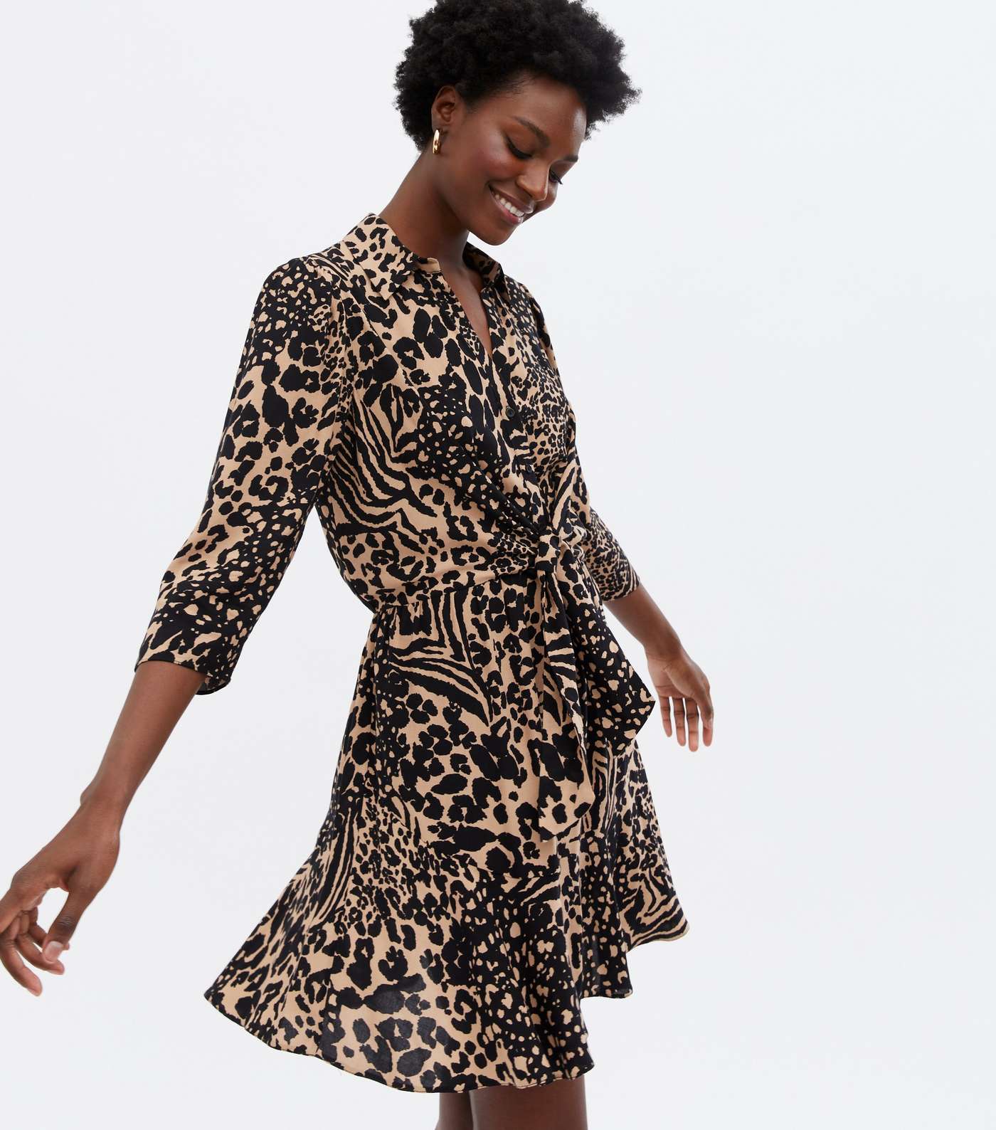 Brown Leopard Print Twist Front Mini Shirt Dress