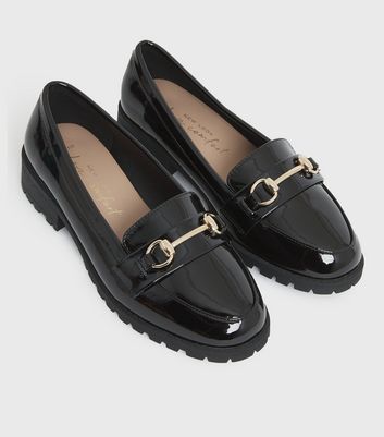 Wide Fit Black Patent Chain Chunky Loafers New Look Vegan