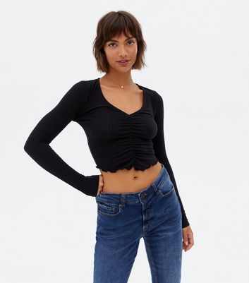 Black Ribbed Ruched Long Sleeve Crop 