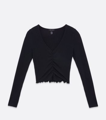 Black Ribbed Ruched Long Sleeve Crop 