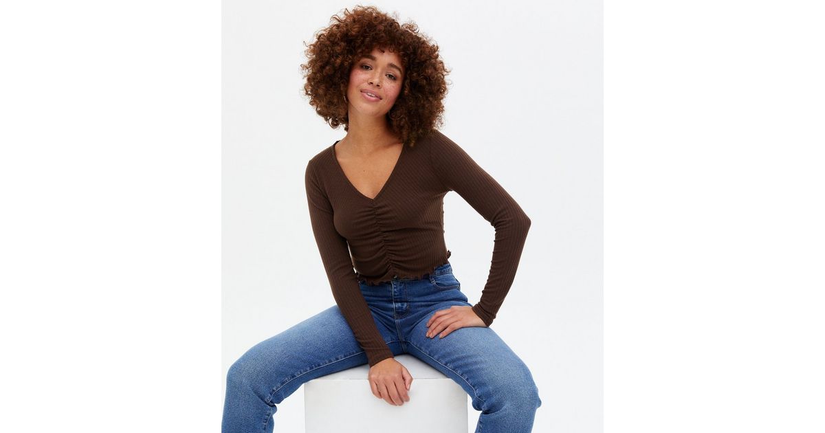 Dark Brown Ribbed Ruched Long Sleeve Crop Top | New Look