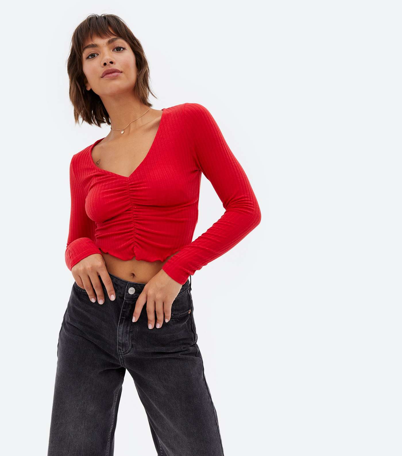 Red Ribbed Ruched Long Sleeve Crop Top