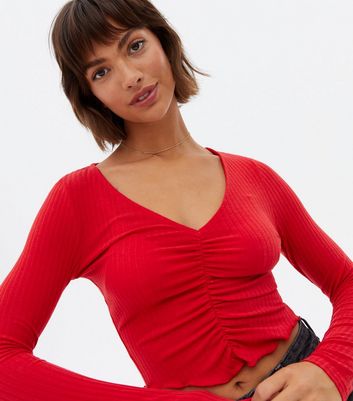 Red Ribbed Ruched Long Sleeve Crop Top | New Look