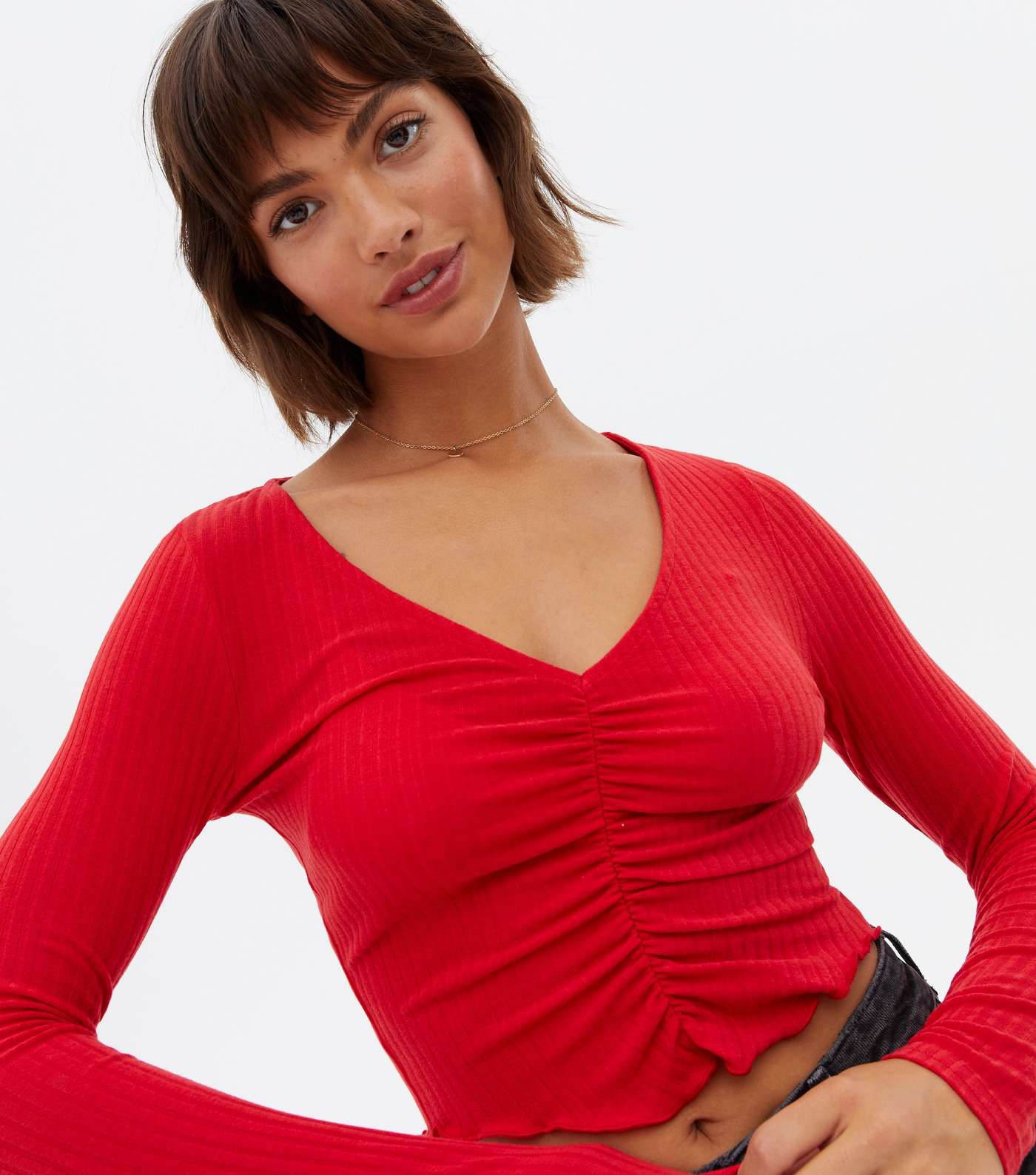 Red Ribbed Ruched Long Sleeve Crop Top Image 3