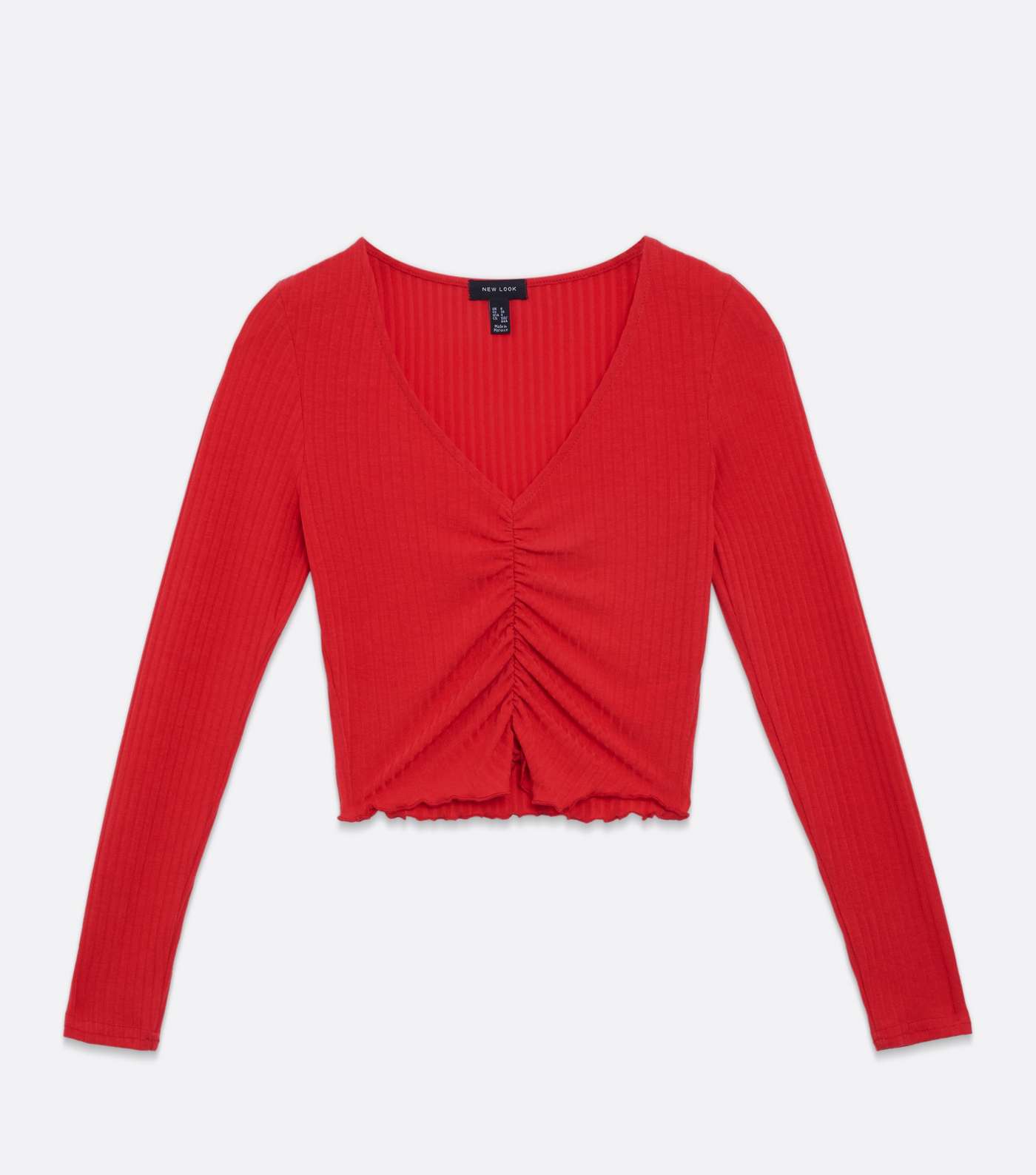 Red Ribbed Ruched Long Sleeve Crop Top Image 5