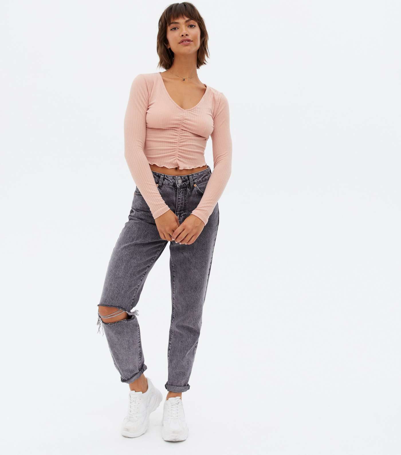 Deep Pink Ribbed Ruched Long Sleeve Crop Top Image 2