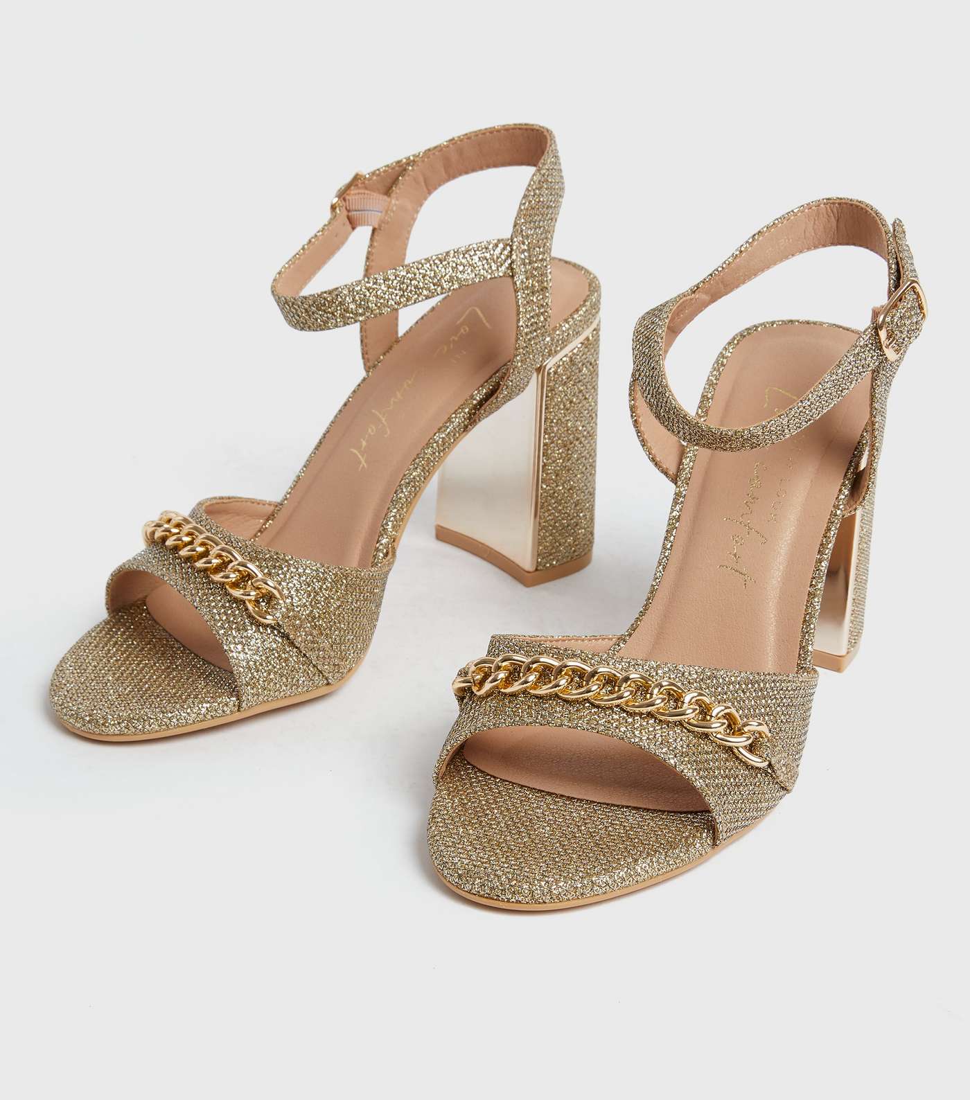 Gold Glitter Chain Trim Block Heel Sandals Image 3