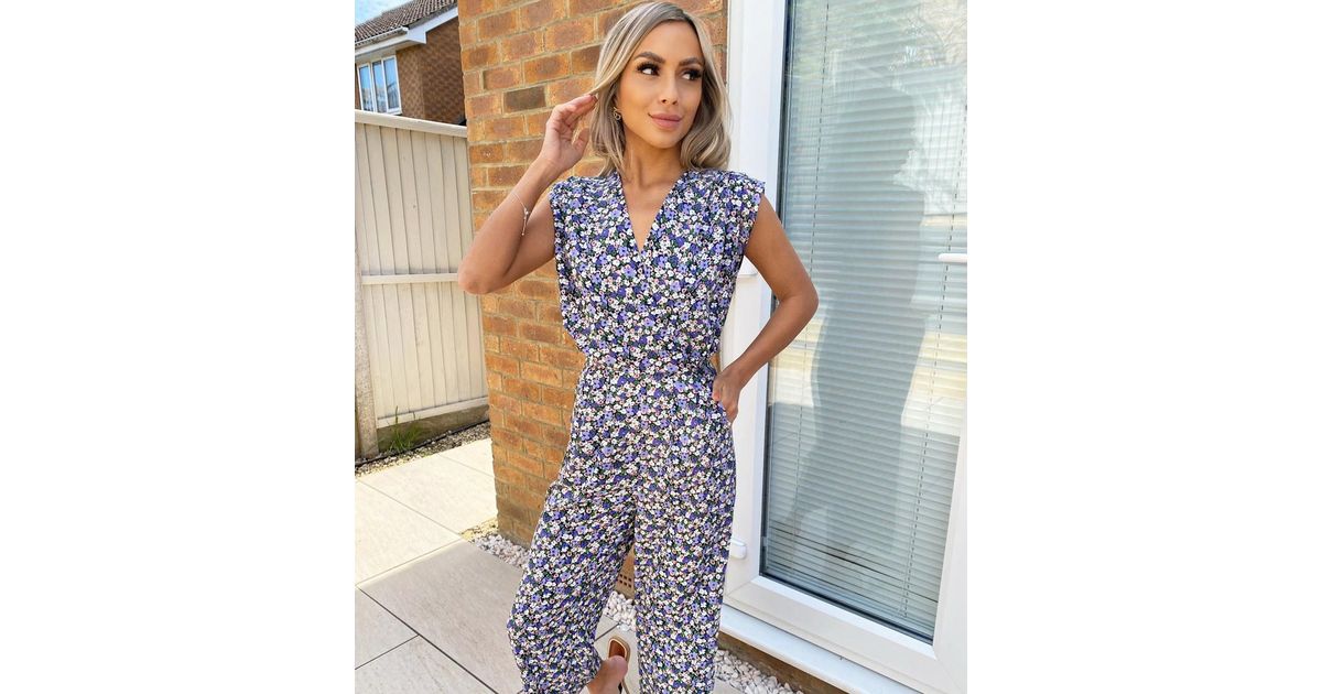 AX Paris Blue Floral Wrap Jumpsuit New Look