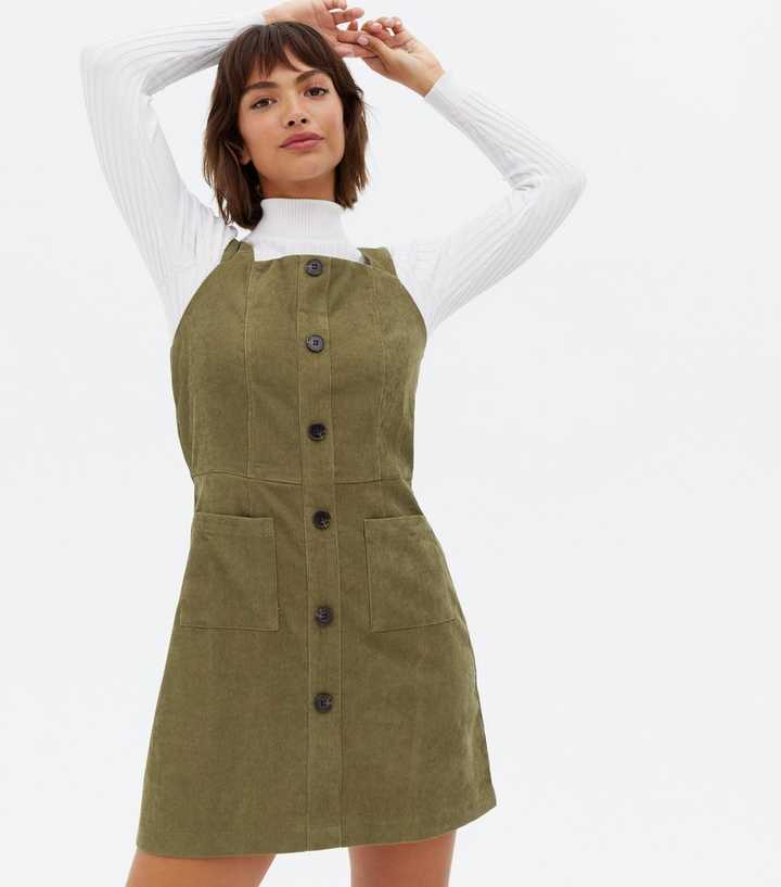 Pink Vanilla Khaki Cord Square Neck Pinafore Dress | New Look