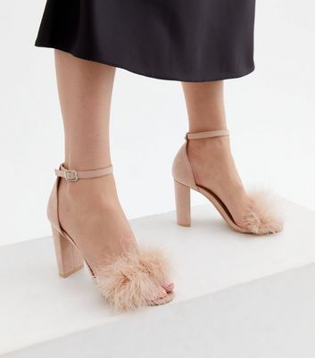 Pale Pink Feather Block Heel Sandals 